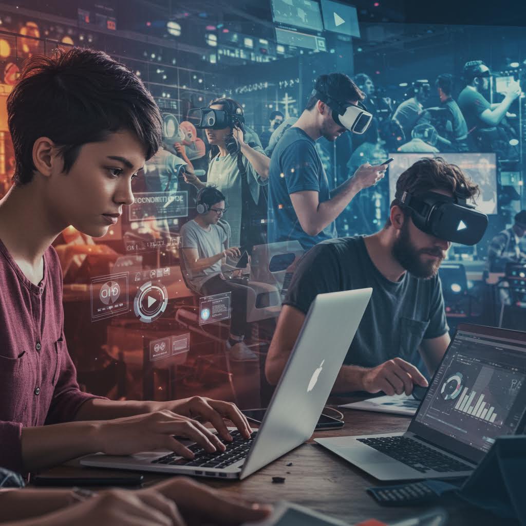 VR 기기와 노트북을 활용하며 디지털 콘텐츠를 분석하는 전문가들