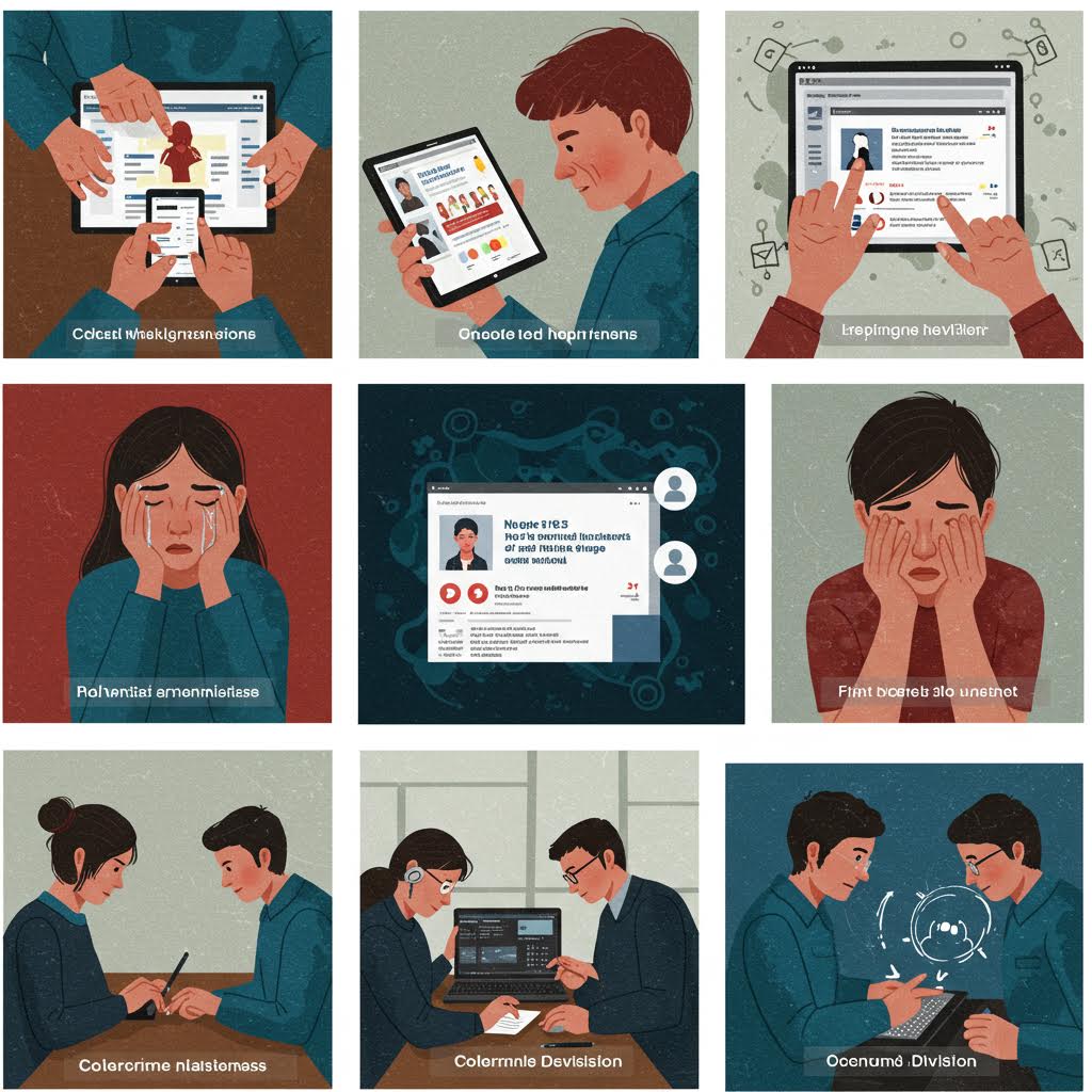 유해 콘텐츠 차단 과정을 설명하는 만화 스타일 일러스트 모음