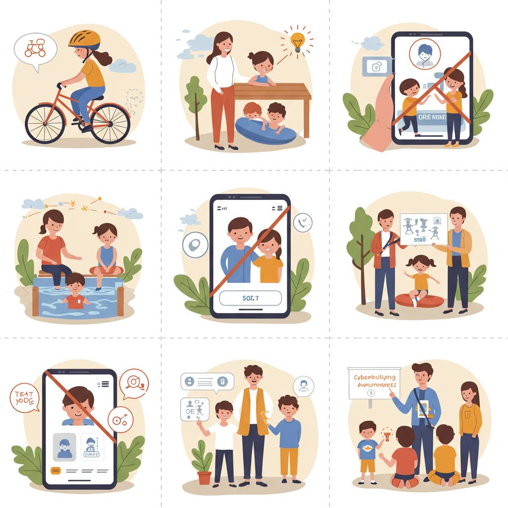 아동과 청소년 보호를 위한 디지털 안전 교육 과정을 일러스트로 표현한 이미지 모음