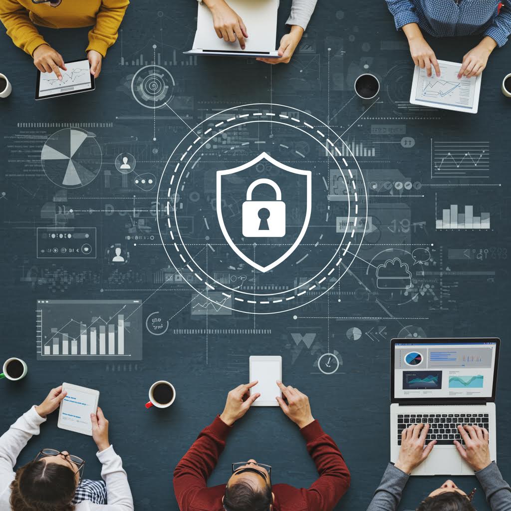 보안 아이콘이 강조된 원형 테이블 회의 장면으로 이용자 보호의 필요성을 상징하는 이미지