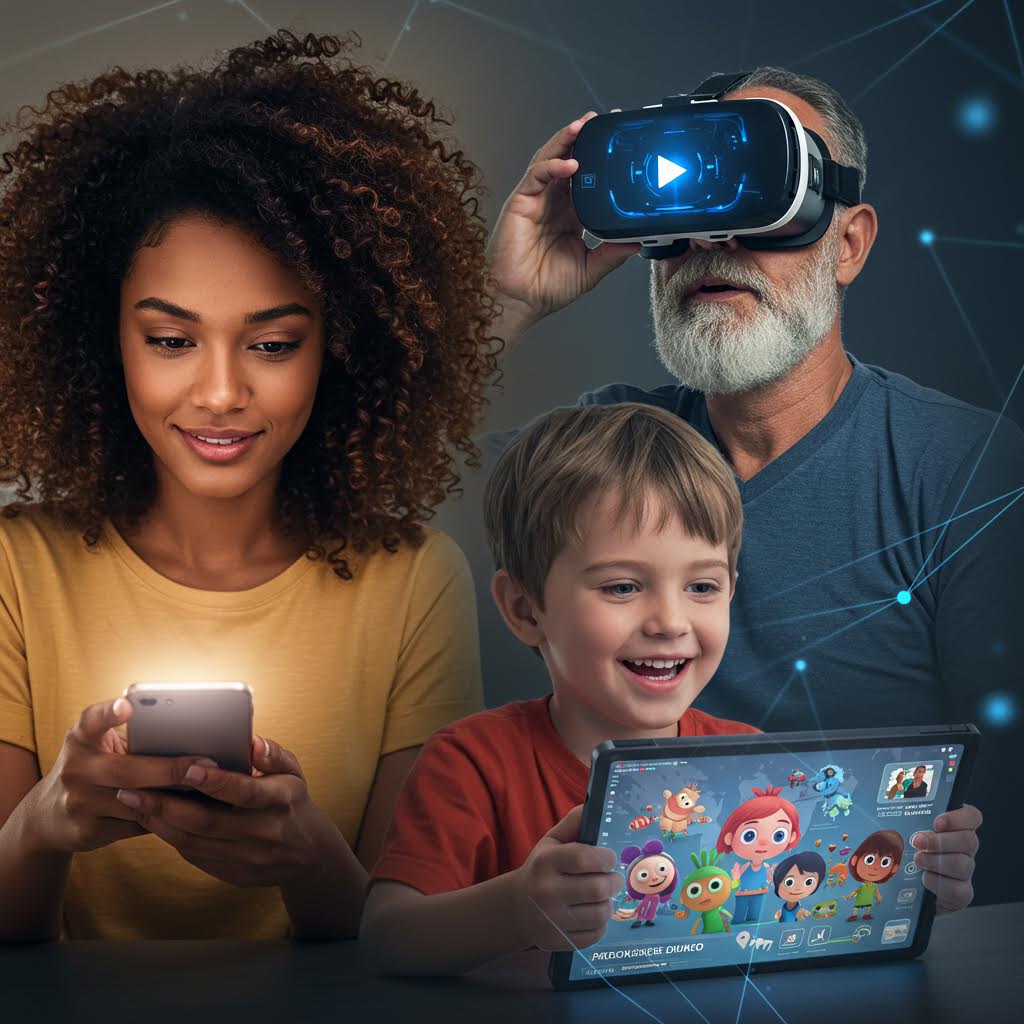 스마트폰, 태블릿, VR 기기를 사용하는 사람들이 세대를 넘어 연결되며 추천 기술의 혁신을 보여주는 장면
