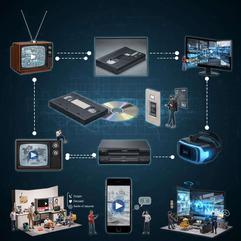 구형 텔레비전과 비디오테이프에서 스마트폰과 VR 기기로 이어지는 흐름 속에 플랫폼 경쟁과 전략의 진화가 드러나는 장면
