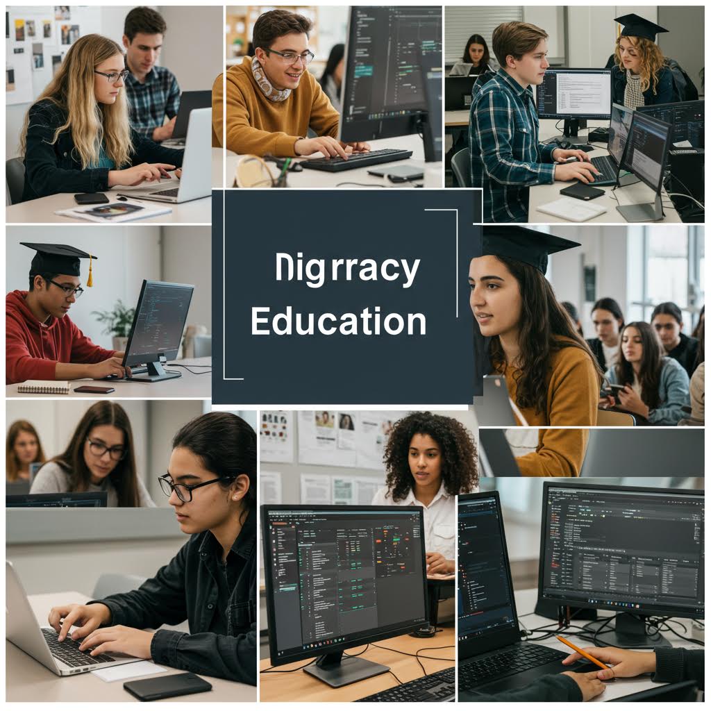 교실에서 학생들이 디지털 리터러시 교육을 받으며 안전한 미디어 활용을 배우는 장면