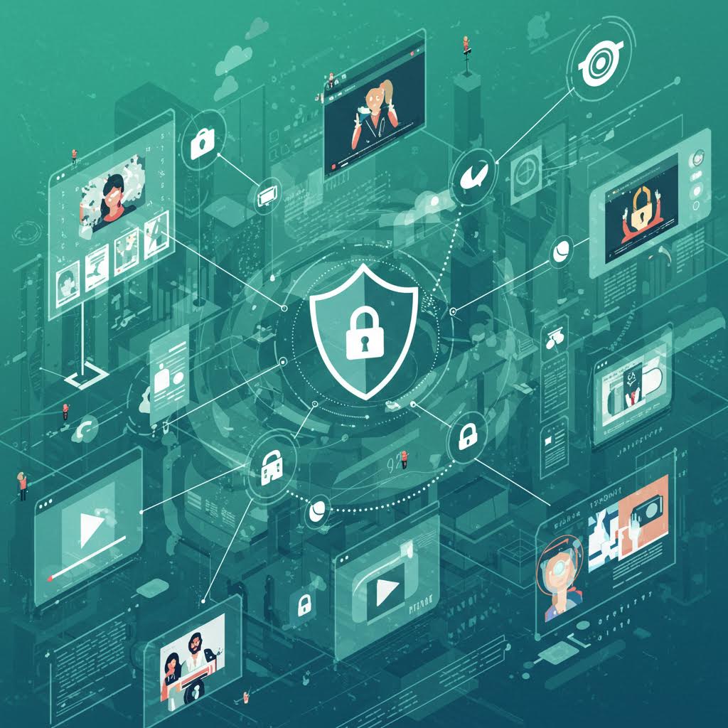 가상 공간 속 보안 네트워크와 데이터 흐름을 시각화한 디지털 안전 플랫폼 이미지