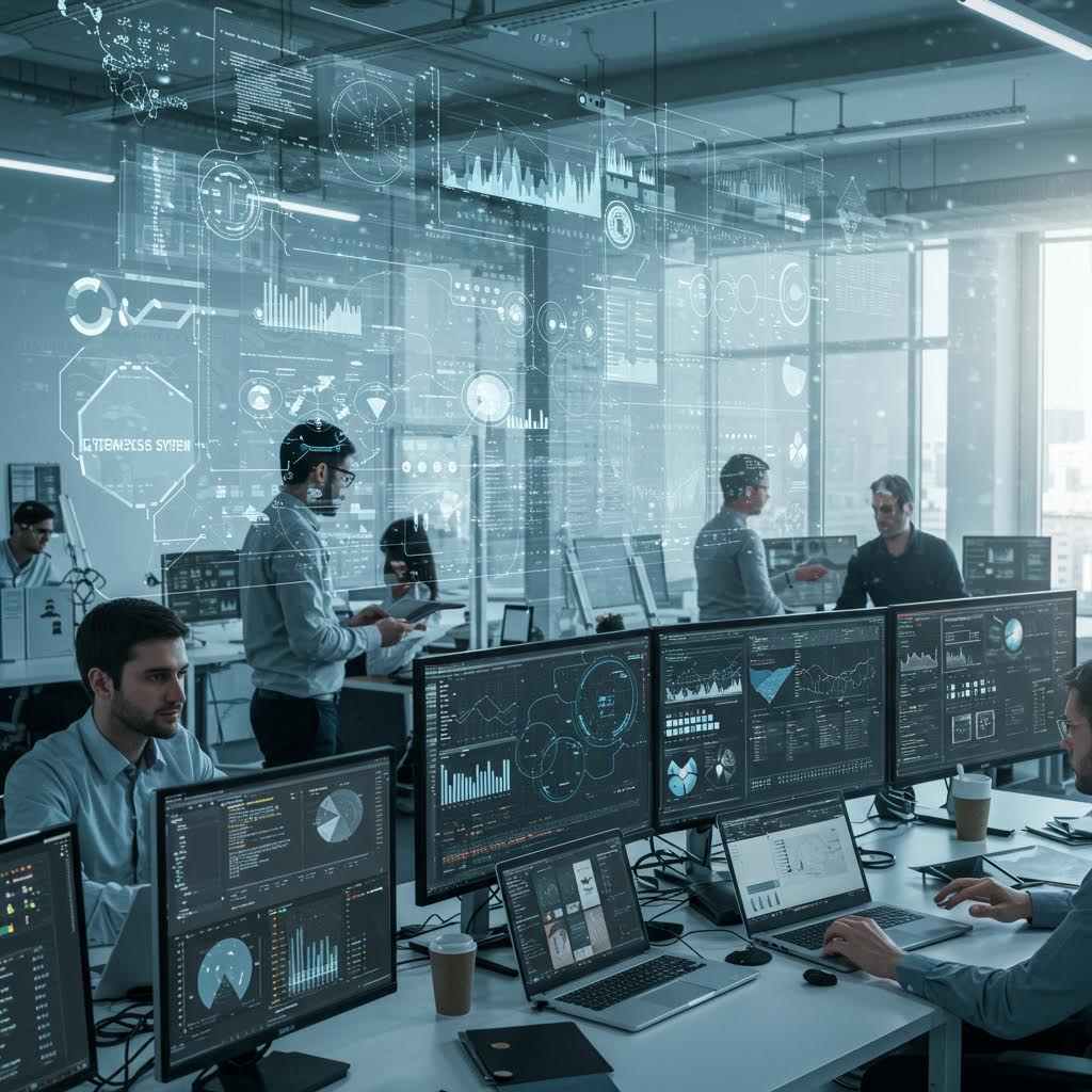 청록색 조명의 현대적 사무실 공간. 여러 대의 모니터 앞에서 사람들이 작업하고 있으며, 유리벽에는 데이터 시각화와 차트들이 투영되어 있어 데이터 중심의 업무 환경을 보여주고 있다.