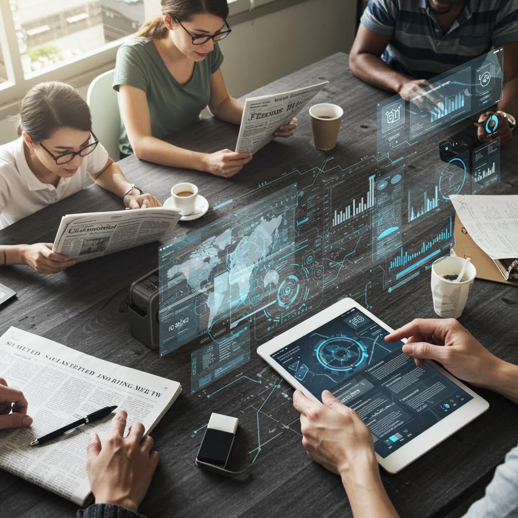 위에서 내려다본 테이블 주위에 여러 명이 모여 태블릿과 스마트폰으로 작업하는 모습. 테이블 위에는 청록색 홀로그램 인터페이스들이 투사되어 있어 미래형 협업 환경을 보여주고 있다.