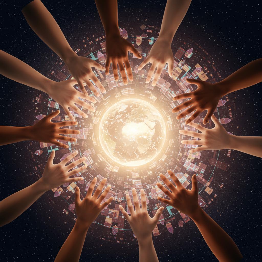 어두운 배경에 원형으로 배치된 여러 손들이 중앙의 밝은 빛을 향해 모이는 모습. 중앙에서 금색 빛과 입자들이 폭발하듯 퍼져나가며 협력과 연결을 상징적으로 표현하고 있다.