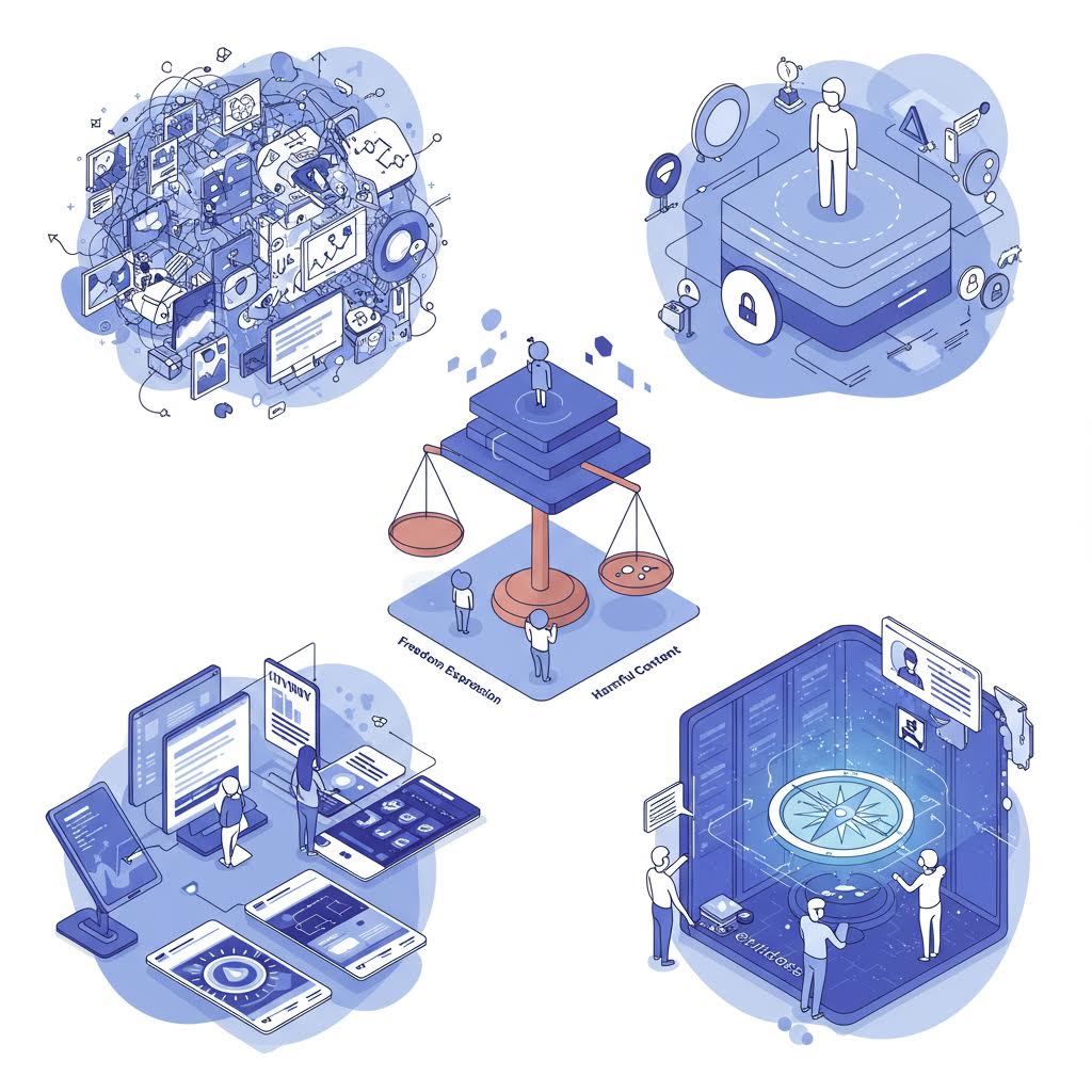 5개의 파란색 3D 아이소메트릭 일러스트로 구성된 이미지. 복잡한 기계 구조, 건물, 원형 플랫폼 등이 배치되어 있으며, 각각 다른 시스템이나 프로세스를 나타내는 듯한 기술적 구조물들이다.