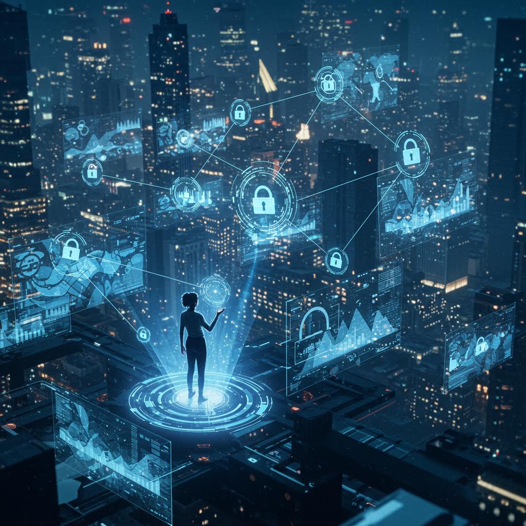 4개의 일러스트로 구성된 그리드. 로봇 팔이 있는 자동화 시스템, 손이 홀로그램을 조작하는 장면, 사람들이 협업하는 모습, 물류 추적 시스템 등 다양한 산업 자동화와 디지털 전환 관련 장면들이 담겨 있다.재시도.