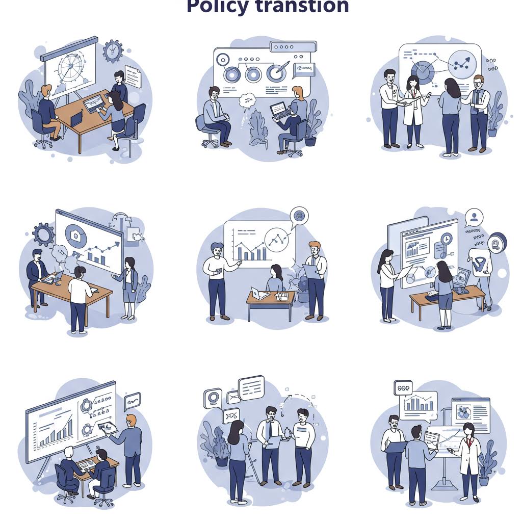 'policy transition' 제목 아래 9개의 일러스트로 구성된 그리드. 비즈니스 미팅, 문서 작업, 프레젠테이션, 협업 등 조직 내 정책 전환과 관련된 다양한 업무 장면들이 파란색 톤으로 표현되어 있다.