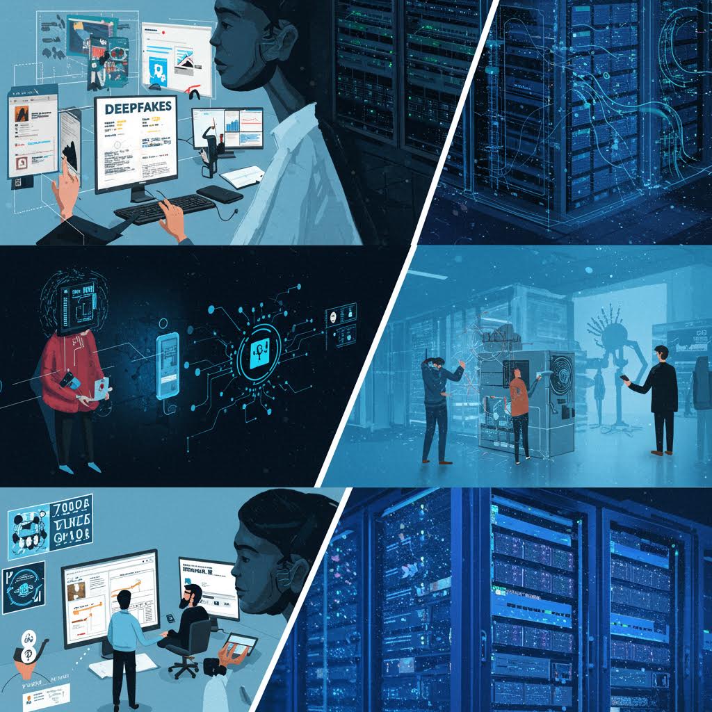 6개의 이미지로 구성된 그리드. 청록색 조명의 사무실에서 사람들이 모니터 앞에서 작업하고, 어두운 배경의 사이버 보안 관련 이미지, 서버룸 등 디지털 인프라와 보안 관련 장면들이 포함되어 있다.