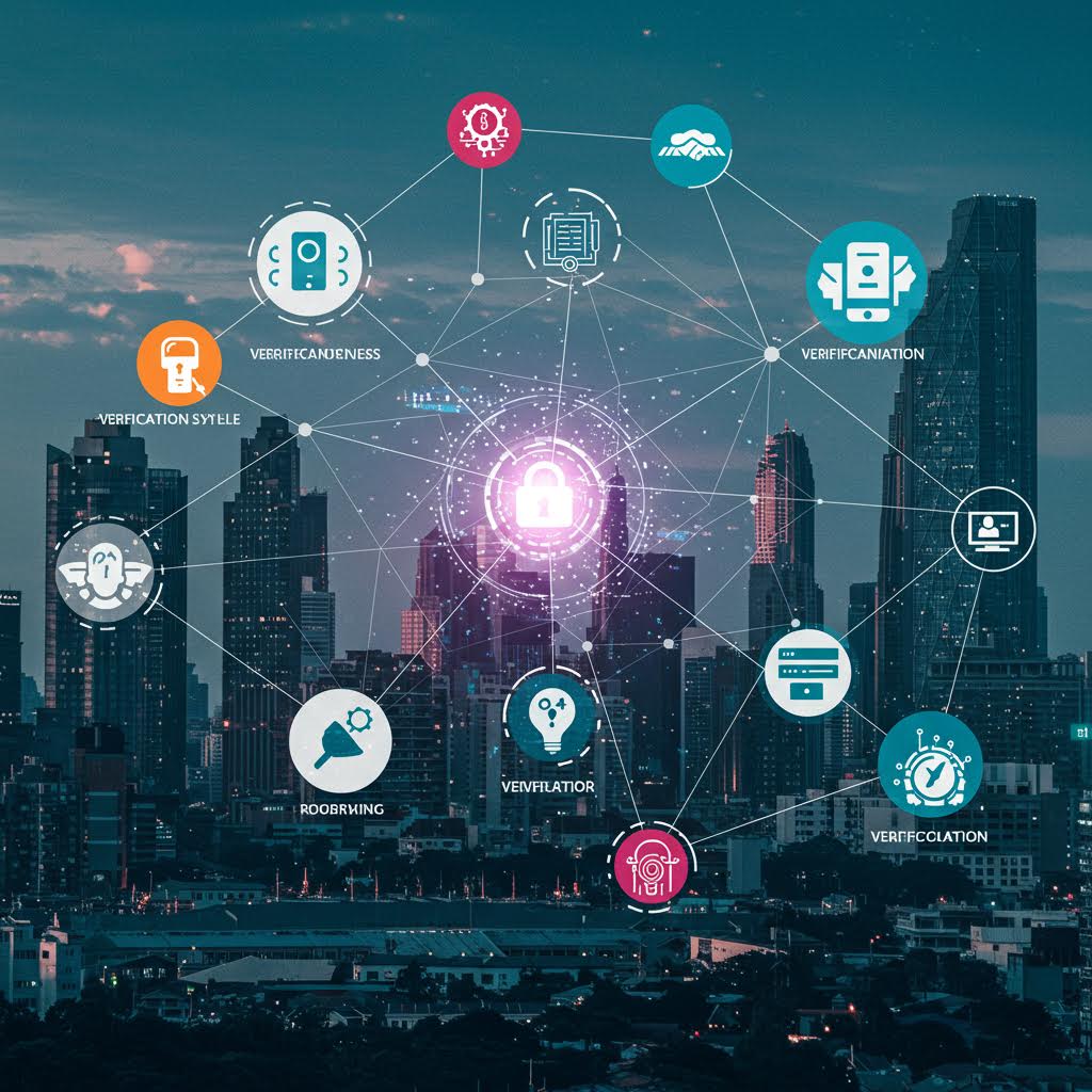 어두운 도시 야경을 배경으로 다양한 색상의 아이콘들이 네트워크로 연결된 이미지. 중앙에 분홍색 빛이 있고, 주변으로 보안, 데이터, 클라우드 등을 나타내는 아이콘들이 배치되어 스마트 시티를 표현하고 있다.