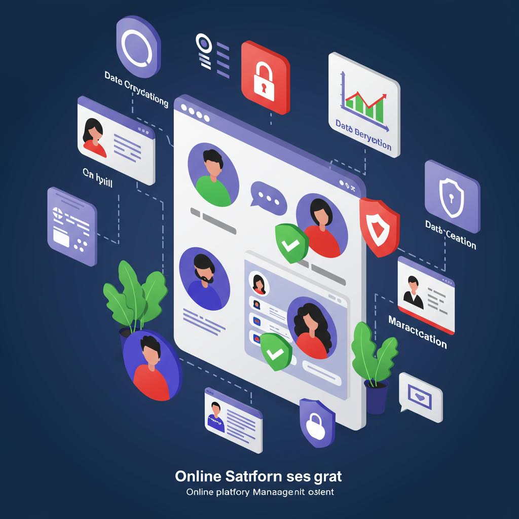 어두운 배경에 3D로 표현된 디지털 보안 대시보드. 중앙에 'Online System integriti' 텍스트가 있고, 주변으로 자물쇠, 차트, 방패 등 다양한 보안 관련 아이콘들이 떠 있는 인터페이스가 표시되어 있다.