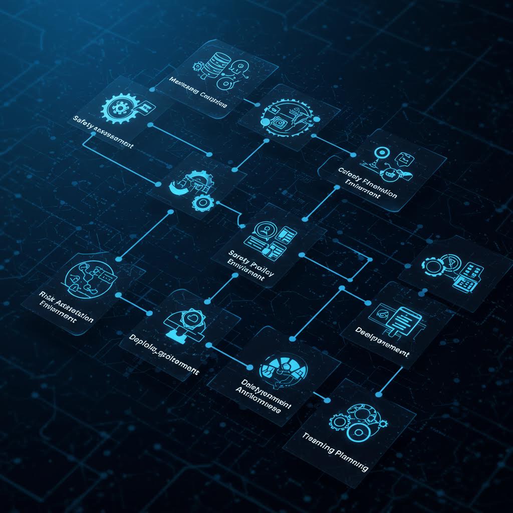 어두운 배경에 파란색으로 표현된 네트워크 다이어그램. 여러 장치들이 선으로 연결되어 있고, 각 노드에는 톱니바퀴 아이콘들이 있어 스마트 시스템이나 IoT 네트워크를 시각화하고 있다.