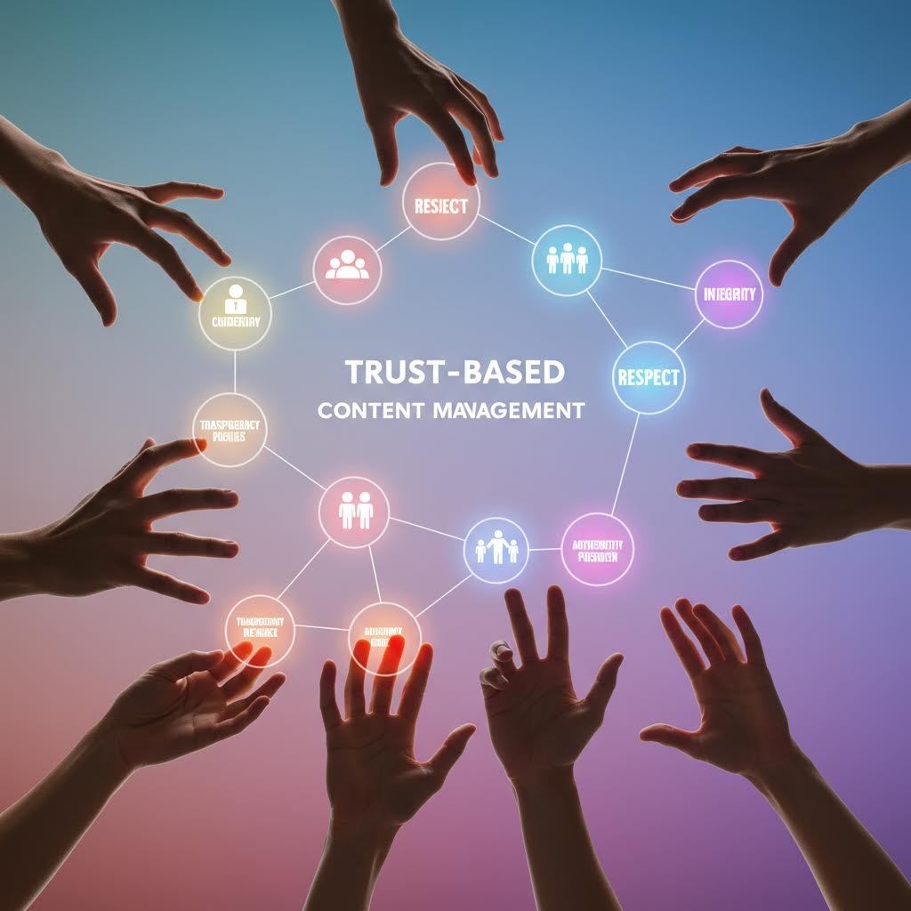 여러 손길이 원형 아이콘들을 향해 모여 신뢰 기반 콘텐츠 관리 구조를 협력적 분위기 속에서 드러내는 순간