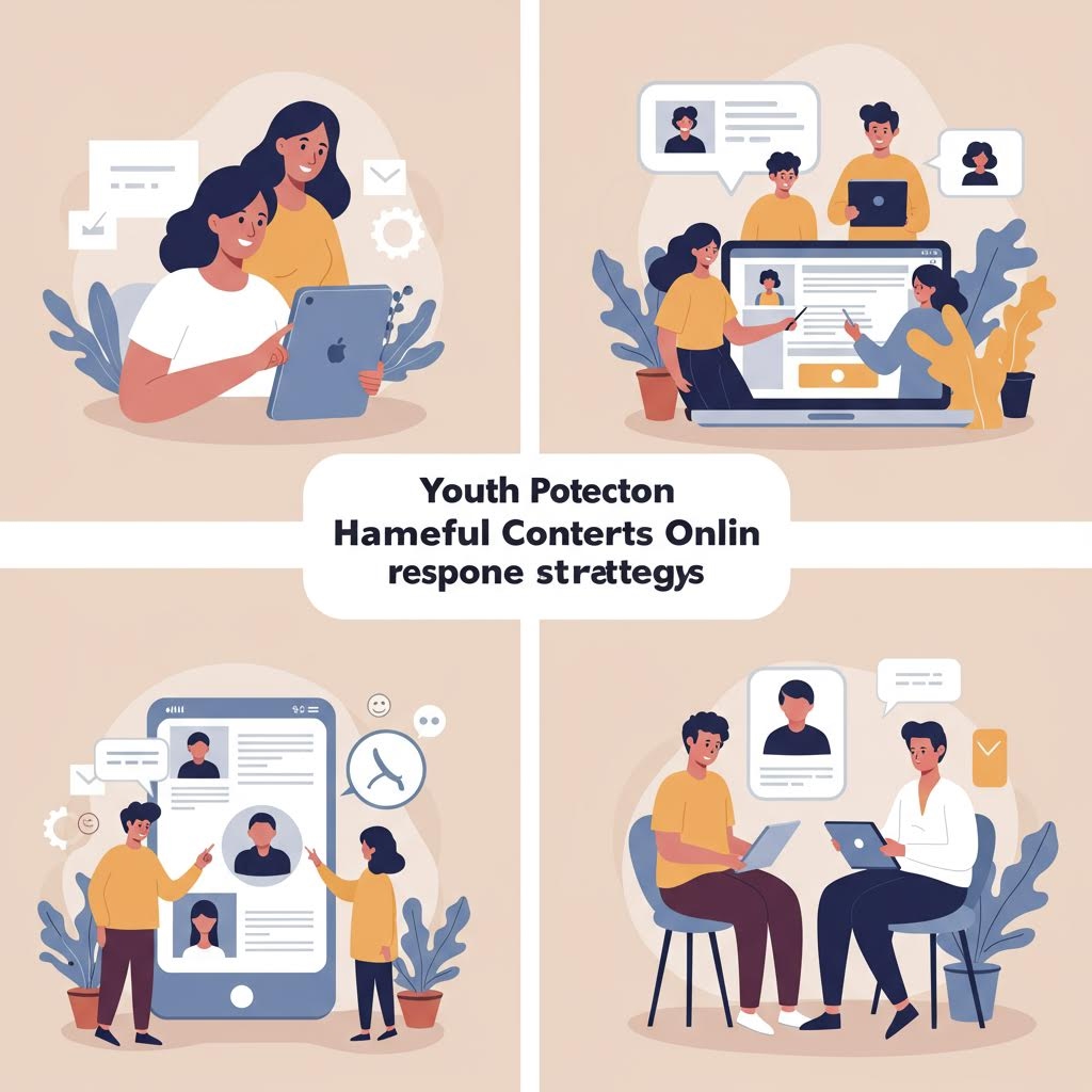 네 구획의 일러스트 속에서 청소년 보호 대응 절차가 사용자 화면과 상담 구조를 중심으로 단계적으로 표현된 구성