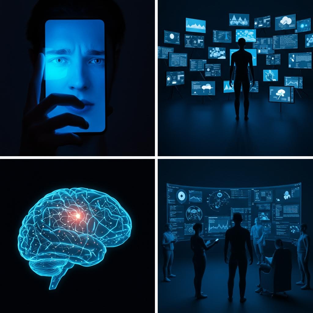 2x2 격자 배열의 이미지. 스마트폰 화면의 푸른빛에 비친 남자의 얼굴, 수많은 모니터 화면 앞에 서 있는 인물, 중앙에 붉은색 활성화 지점이 있는 푸른색 뇌의 와이어프레임 모델, 그리고 홀로그램 데이터 화면을 보며 회의하는 사람들의 모습이 담겨 있습니다. 이는 디지털 요소가 개인의 심리 및 인지적 작용에 미치는 영향을 시각적으로 보여줍니다.