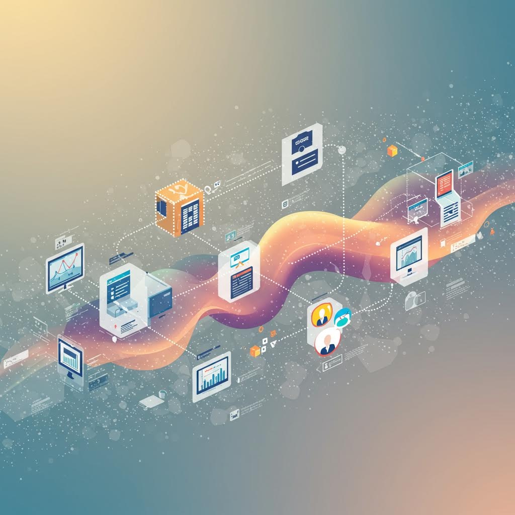 디지털 아이콘들이 흐름 형태로 연결되어 정보 이동과 시스템 구조가 한눈에 드러나는 네트워크 구성의 장면