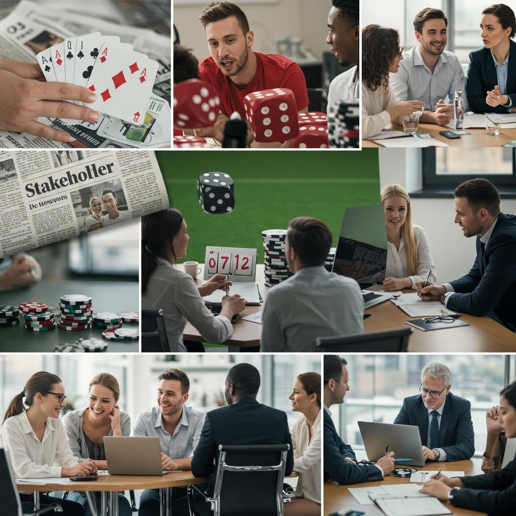 3x2 격자로 구성된 6분할 이미지. 도박 관련 이미지(포커 카드, 주사위, 베팅 칩)와 비즈니스 회의 장면이 교차되어 있습니다. 전문가들이 회의실에서 전략을 논의하거나 문서에 서명하는 모습과 도박 이미지가 함께 배치되어, 도박 용어 또는 고위험 베팅의 개념이 비즈니스 및 엔터테인먼트 영역으로 확산되는 사회적 배경을 시각적으로 보여줍니다.