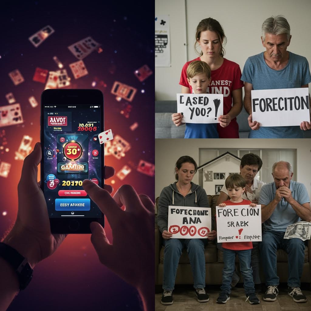 좌우로 나뉜 이미지. 왼쪽은 어두운 배경에서 카지노나 도박 앱 화면을 띄운 스마트폰을 손으로 조작하는 모습을 보여주며 디지털 환경의 유혹을 상징하고, 오른쪽은 부모, 노인, 아이 등 가족 구성원들이 걱정스러운 표정으로 문구가 적힌 팻말을 들고 있는 사진 콜라주입니다. 이는 디지털 도박의 위험성과 그로 인해 발생하는 가족 구성원들의 사회적 고통 및 대응의 필요성을 시각적으로 보여줍니다.