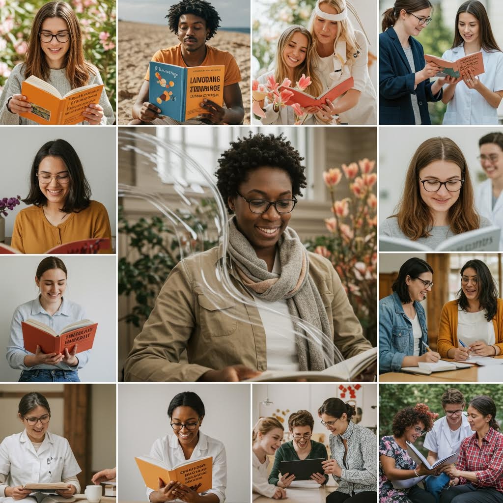 3x4 격자로 배열된 12개의 사진. 다양한 인종과 연령대의 사람들이 야외나 실내에서 책을 읽고, 함께 공부하고, 자료를 공유하며 웃는 모습이 담겨 있습니다. 이는 새로운 용어나 지식을 습득하고 공유하는 사회적 학습 및 지식 전환 과정을 시각적으로 보여줍니다.