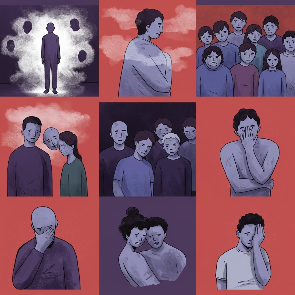 3x3 격자 배열의 일러스트레이션. 보라색과 붉은색의 어두운 톤으로, 홀로 고립된 인물, 타인에게 외면당하거나 판단당하는 모습, 가면을 쓴 채 괴로워하는 모습 등 다양한 형태로 사회적 낙인과 고립 현상이 개인에게 미치는 심리적, 감정적 고통을 묘사하고 있습니다.