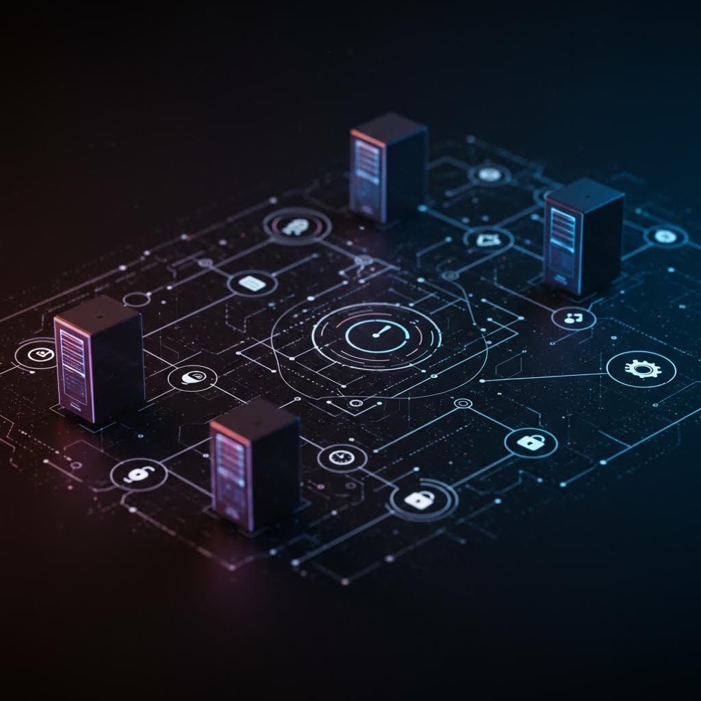 서버 장비가 어두운 회로 위에 배치되어 중앙 노드를 기준으로 통신 경로가 정돈된 형태로 드러나는 모습