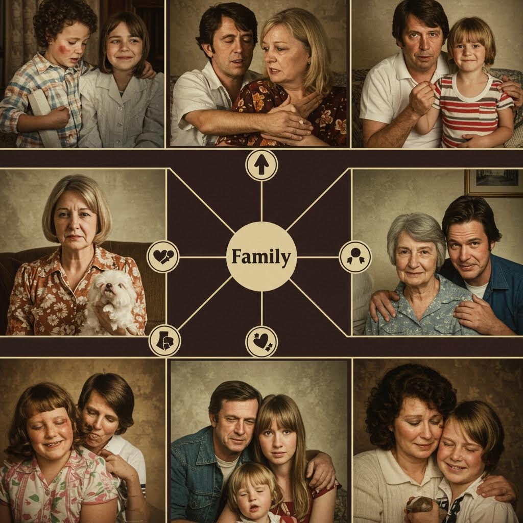 3x3 격자 배열의 빈티지 스타일 사진. 중앙에는 'Family'라고 적힌 도표가 있으며, 주변 8개의 컷에는 부모, 자녀, 노인, 반려동물 등 다양한 구성원들이 포옹하거나 서로 기대거나 또는 침울한 표정을 짓는 모습이 담겨 있습니다. 이 이미지는 가족 관계 내의 사랑, 갈등, 지지 등 복합적인 역학 관계를 시각적으로 묘사합니다.