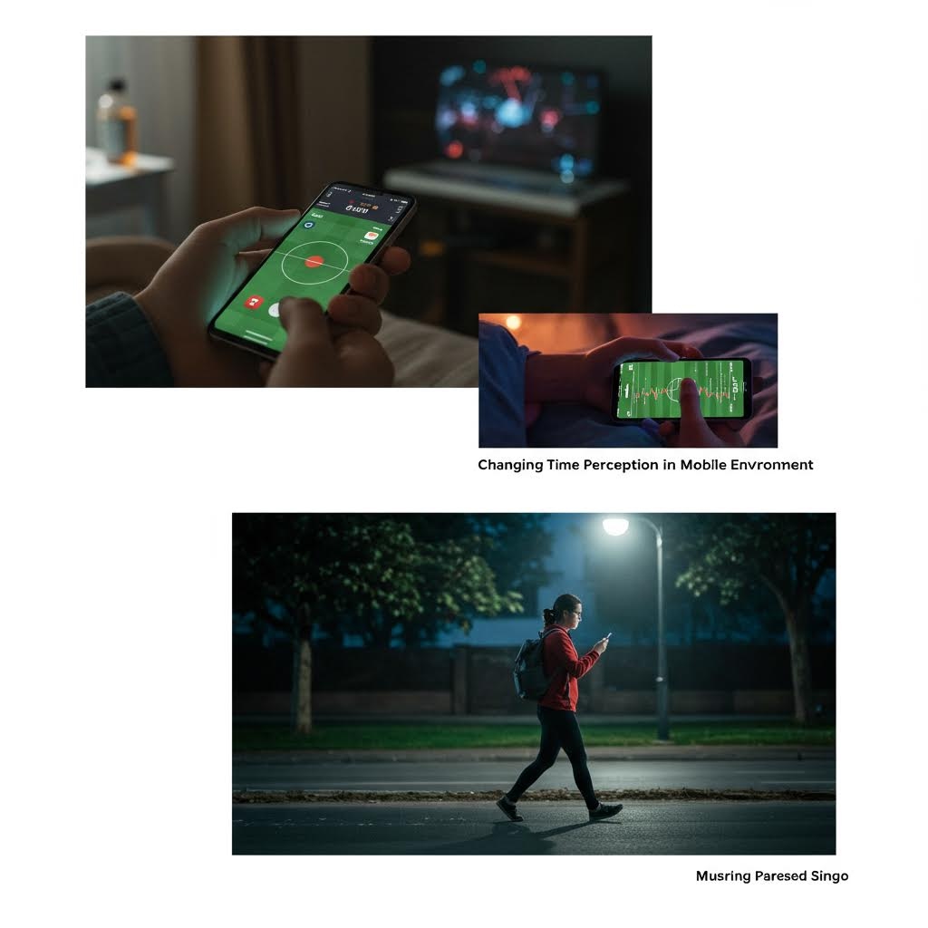 상하로 나뉜 이미지. 상단에는 손으로 모바일 앱(게임 또는 추적기)을 조작하는 모습과 실시간 데이터 그래프 화면이 작게 배치되어 모바일 환경에서의 시간 인식 변화를 나타내며, 하단에는 한 여성이 밤거리 가로등 아래에서 배낭을 메고 스마트폰을 보며 걷고 있는 모습이 담겨 있습니다. 이는 모바일 기기 사용이 현실 행동 및 시간 인지에 미치는 영향을 시각적으로 보여줍니다.