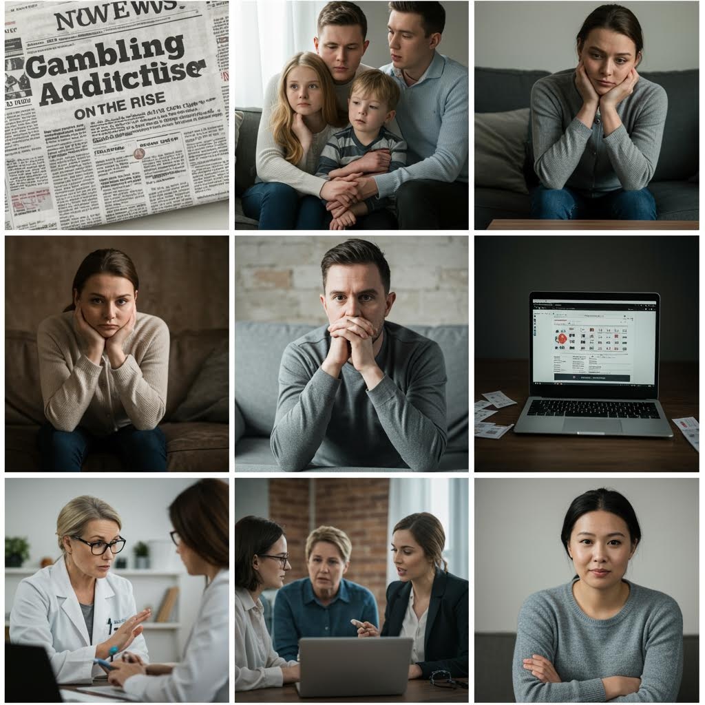 3x3 격자 배열의 사진. 'Gambling Addiction on the Rise' 헤드라인의 신문, 불안해하는 가족 구성원들, 고뇌하는 개인의 모습, 그리고 전문 의료진과의 상담 장면이 담겨 있습니다. 이는 도박 중독의 확산, 가족 및 개인에게 미치는 심리적 영향, 그리고 문제 해결을 위한 전문가의 개입 및 모니터링 과정을 포괄적으로 보여줍니다.