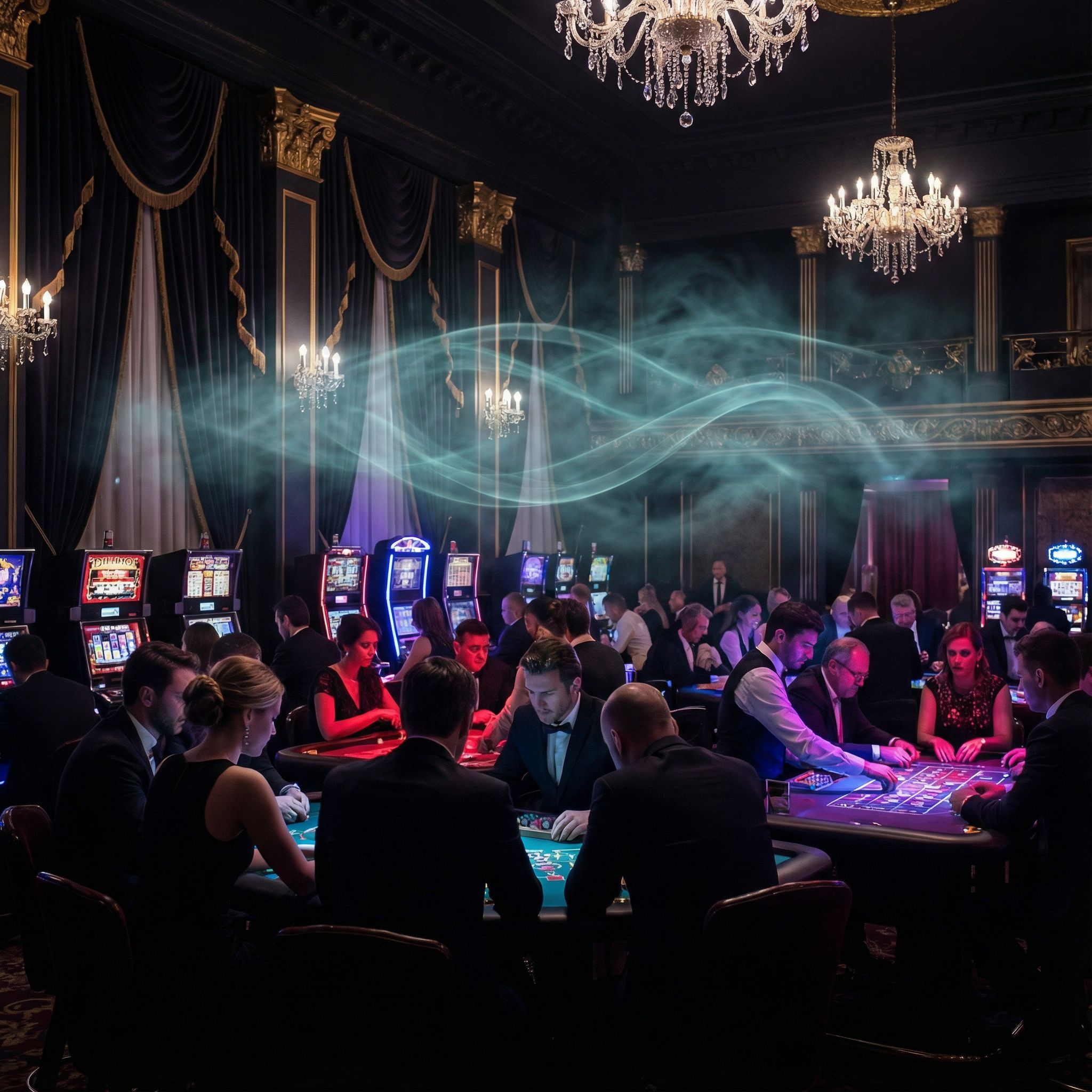 화려한 조명과 신비로운 기류가 감도는 고급 카지노에서 게임에 깊이 몰입한 사람들을 표현한 이미지