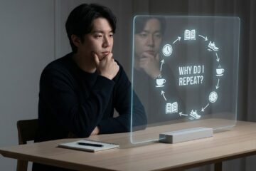 부드러운 조명 아래 미니멀 책상 앞 인물이 반복 체크리스트 아이콘을 응시하는 모습이다