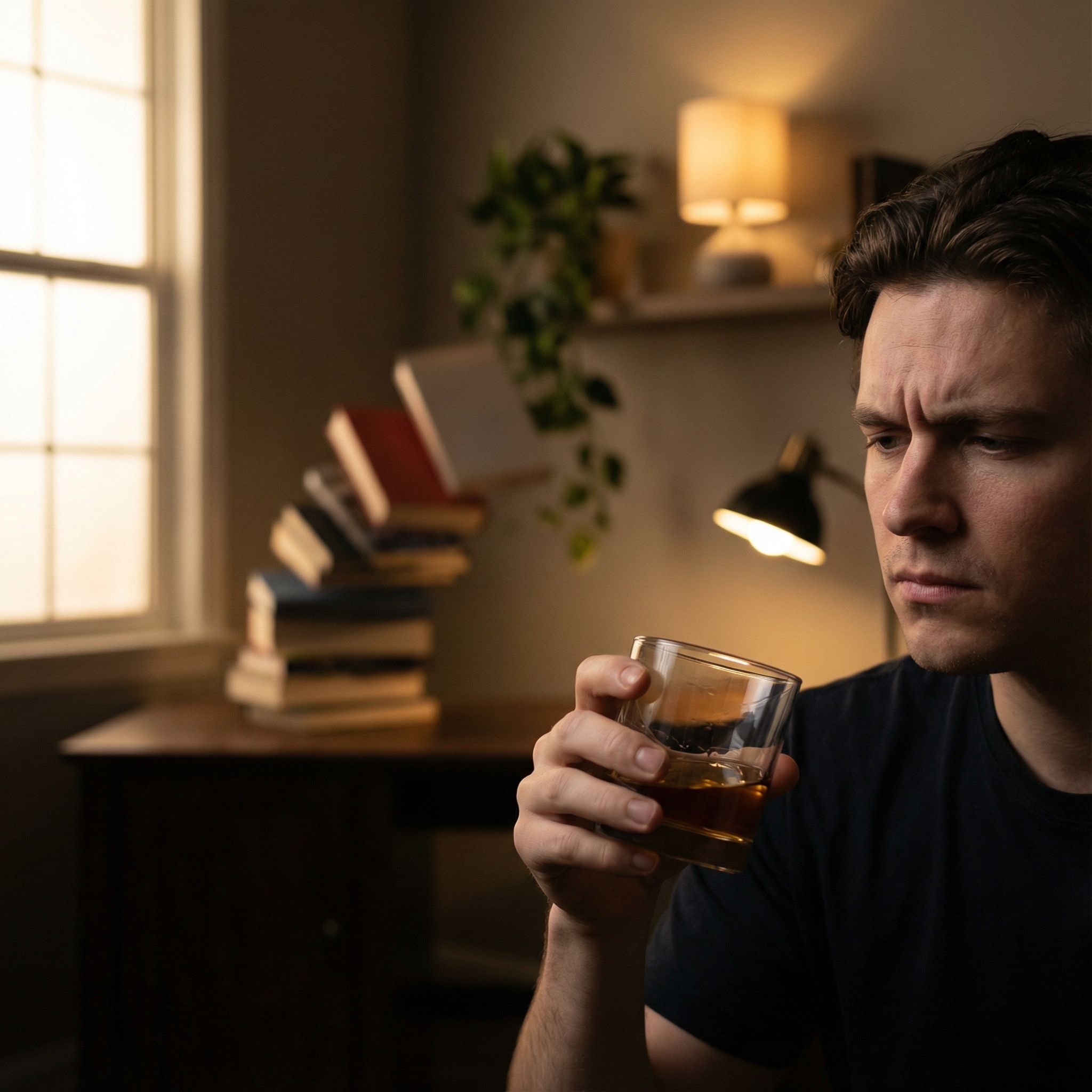 어두운 조명 속 인물이 음료 한 잔을 든 채 망설이고, 뒤엔 도미노처럼 문제들이 연쇄로 펼쳐진 모습이다