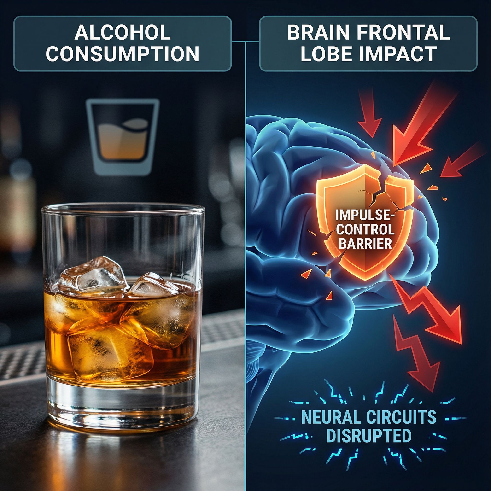 좌측 술잔과 우측 전두엽, 금 간 방패와 붉은 경고 화살표가 대비된 모습이다