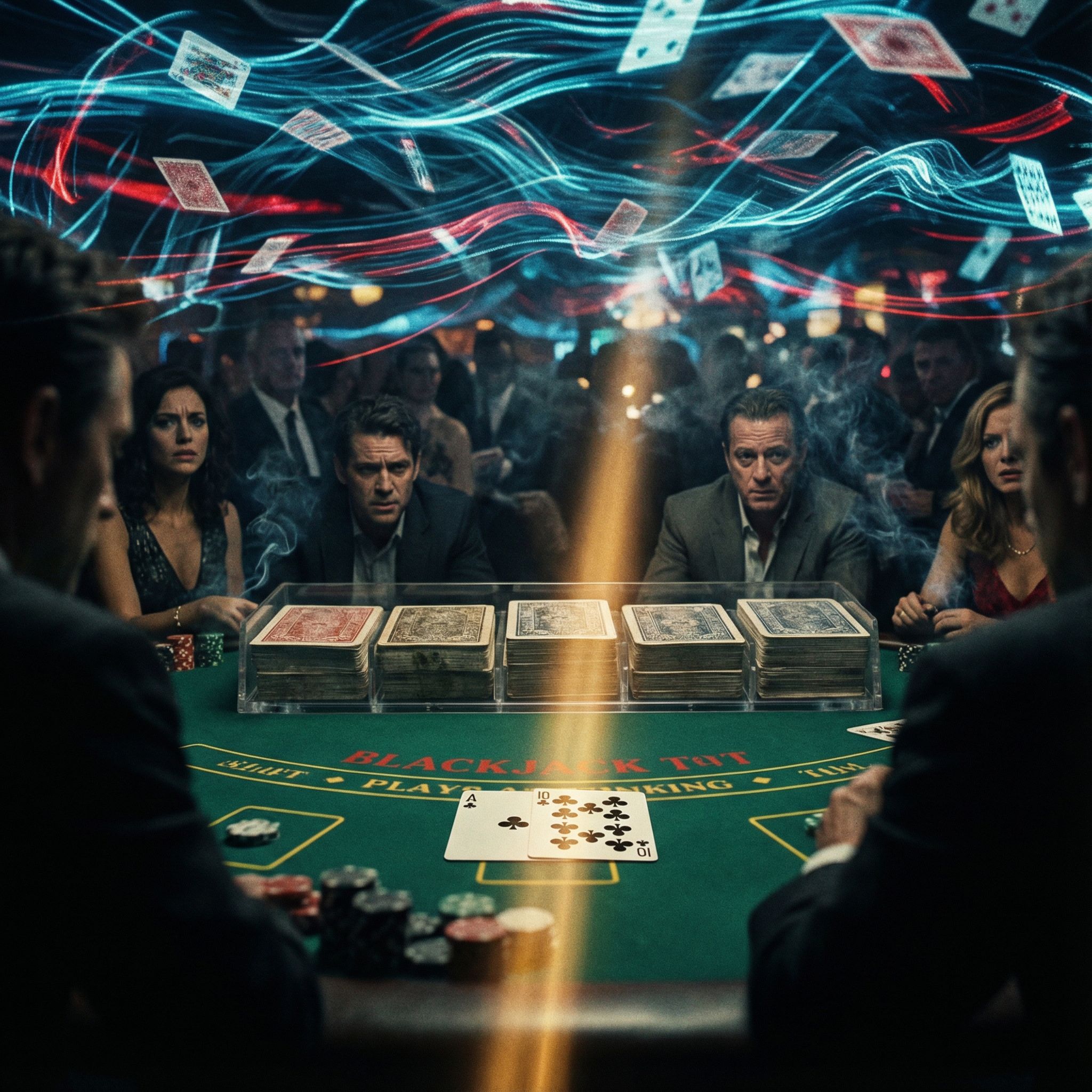 블랙잭 테이블 위 요동치는 물결 틈새로 쏟아지는 빛이 혼란 속 승리의 기회를 극적으로 묘사한 모습이다