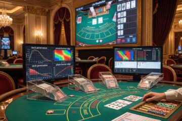 초록색 테이블 위 여러 카드 슈와 확률 분석 효과가 어우러진 고급 카지노의 사실적인 모습이다