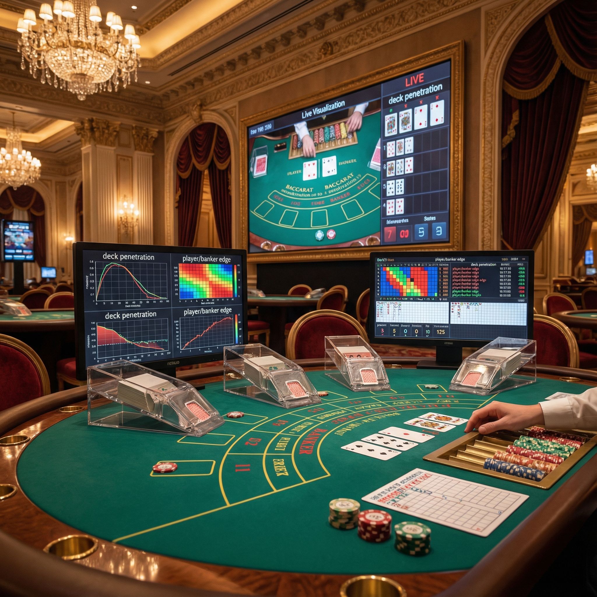 초록색 테이블 위 여러 카드 슈와 확률 분석 효과가 어우러진 고급 카지노의 사실적인 모습이다
