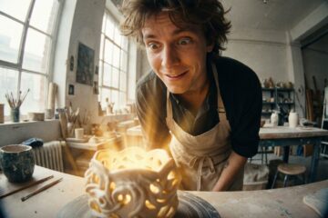 밝은 스튜디오 책상 위 빛나는 결과물을 보고, 초보자가 놀란 눈과 미소를 짓는 모습이다