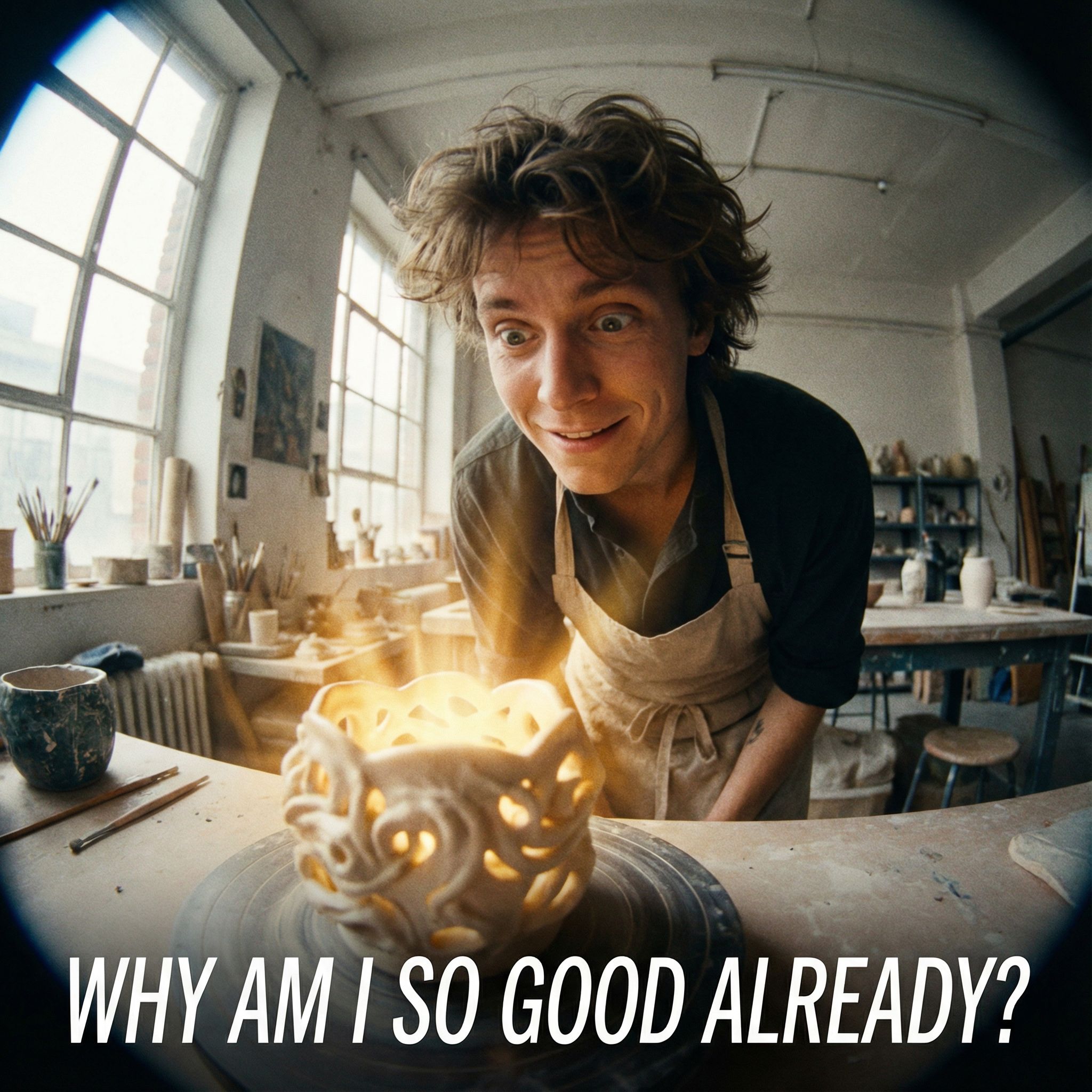 밝은 스튜디오 책상 위 빛나는 결과물을 보고, 초보자가 놀란 눈과 미소를 짓는 모습이다