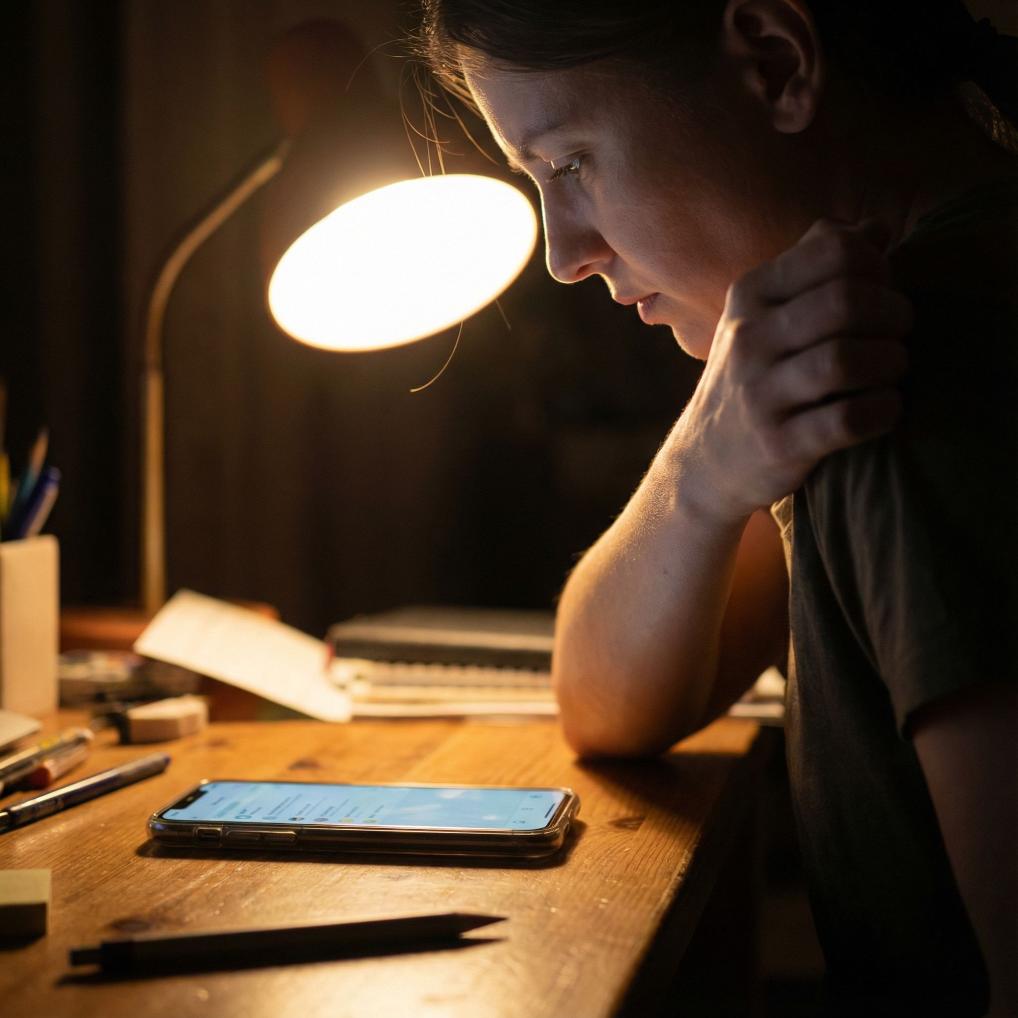 어두운 배경 속 인물이 알림에 움찔, 빛나는 스마트폰 클로즈업이다