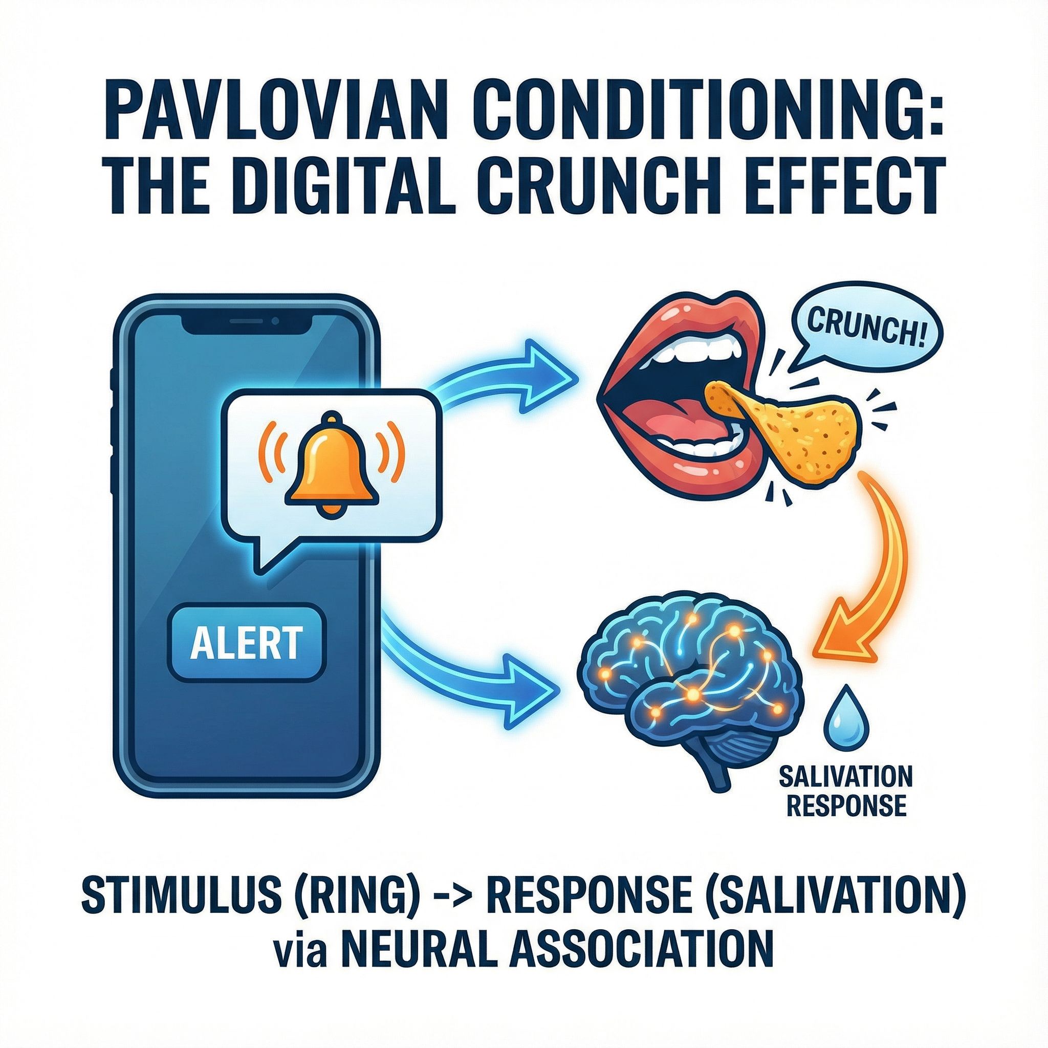 흰 배경 인포그래픽에 스마트폰 알림 아이콘과 칩 한입, 침샘·신경망을 화살표로 연결한 모습이다
