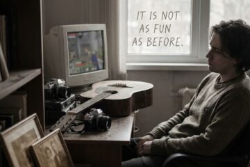 희미한 컴퓨터 화면과 오래된 취미 물건을 바라보며 빛바랜 사진이 사라지는 무채색 우울한 모습이다