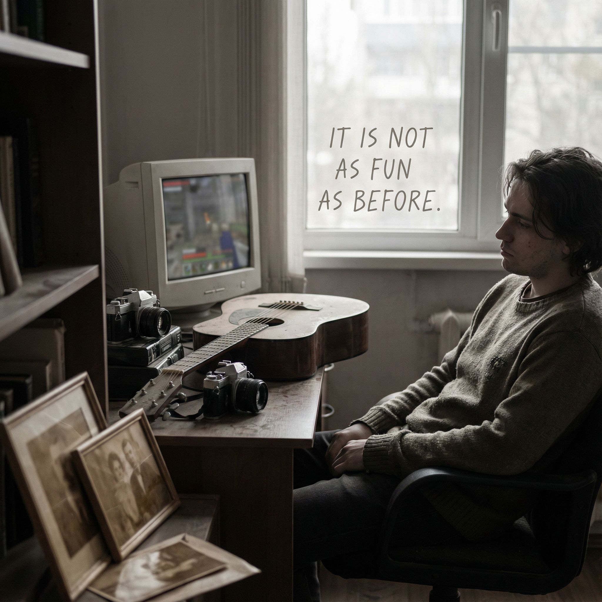 희미한 컴퓨터 화면과 오래된 취미 물건을 바라보며 빛바랜 사진이 사라지는 무채색 우울한 모습이다