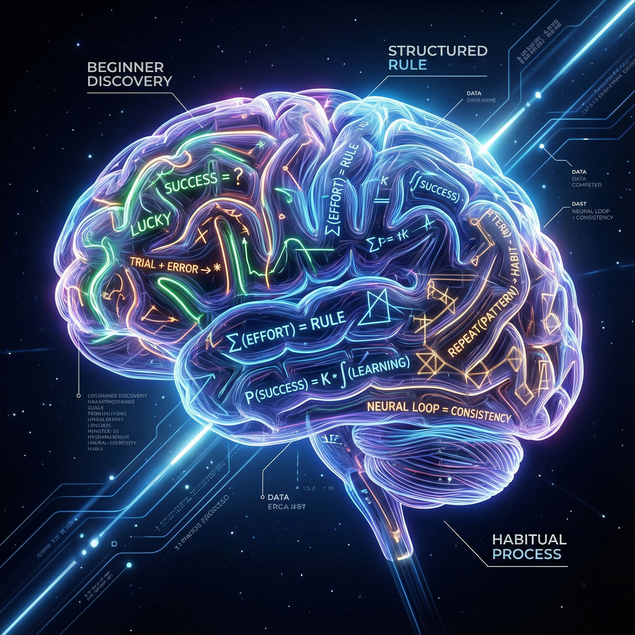 어두운 배경에 빛나는 뇌와 수학식 신경망이 규칙적 패턴으로 이어진 모습이다