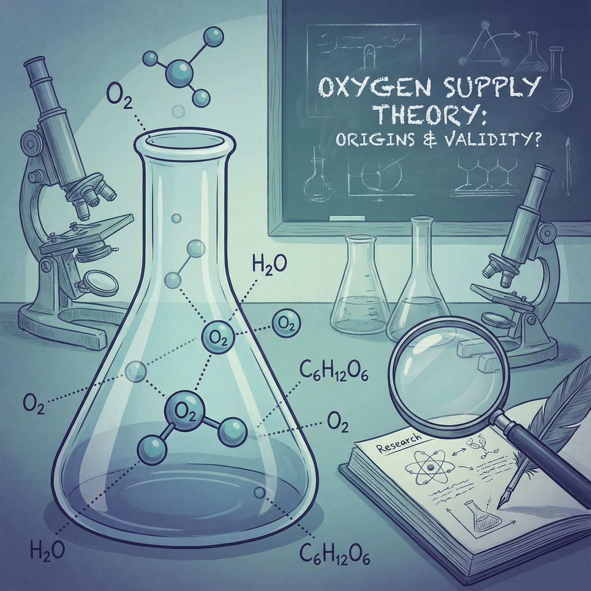 푸른빛 실험실 배경 위에 산소 분자 모형과 화학식을 배열하여 이론 연구 과정을 묘사한 일러스트이다