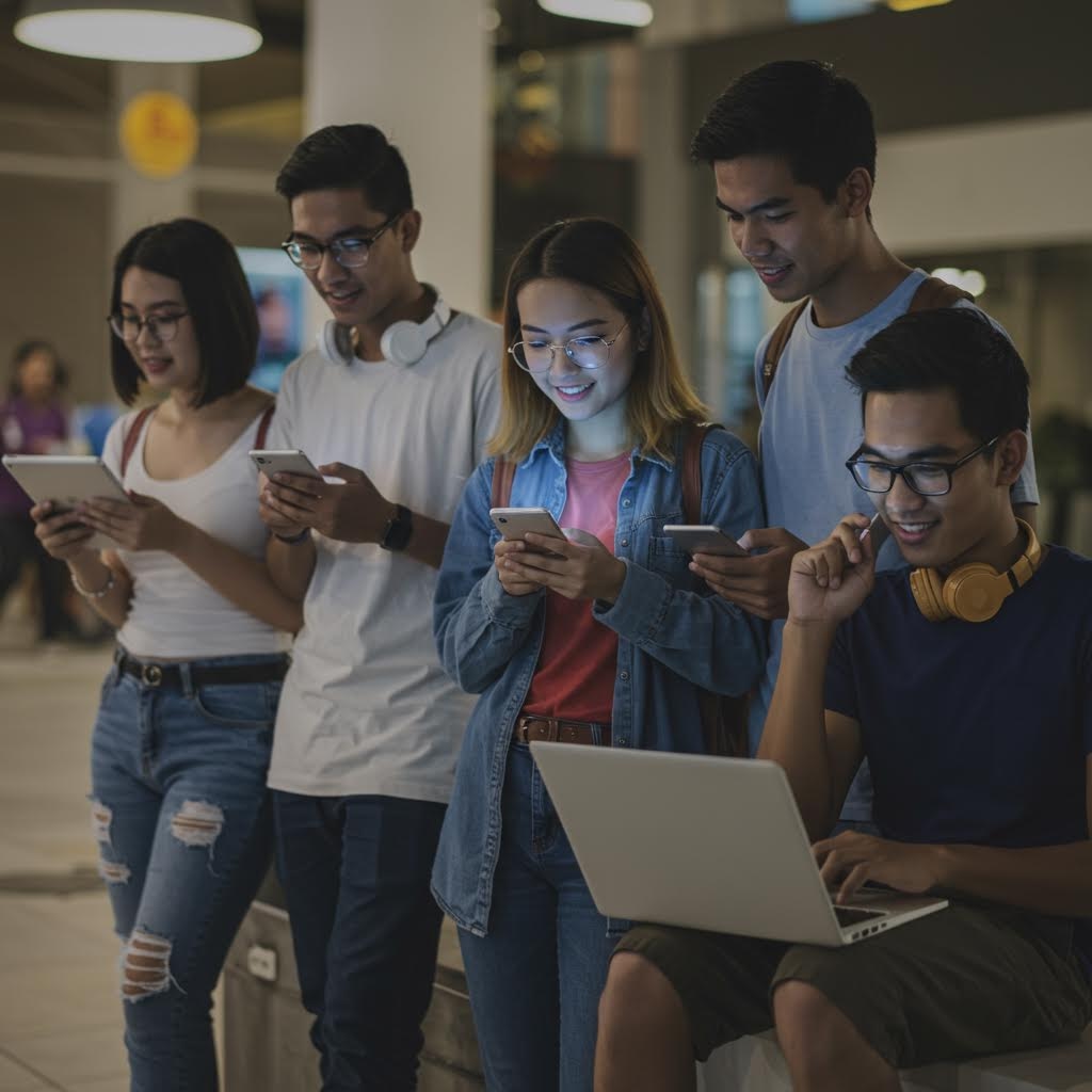 여러 명의 젊은이가 밝은 실내 공간에서 스마트폰과 노트북을 각자 들여다보며 화면에 집중한 채 정보를 확인하고 서로 자연스럽게 어울리는 흐름이 이어지는 모습