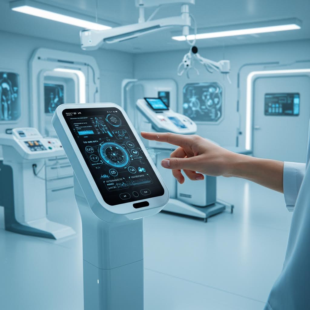 밝은 의료 시설 한가운데서 손끝이 진료용 인터페이스 화면을 가리키며 주변 장비와 함께 정밀한 진단 흐름을 구성하는 모습