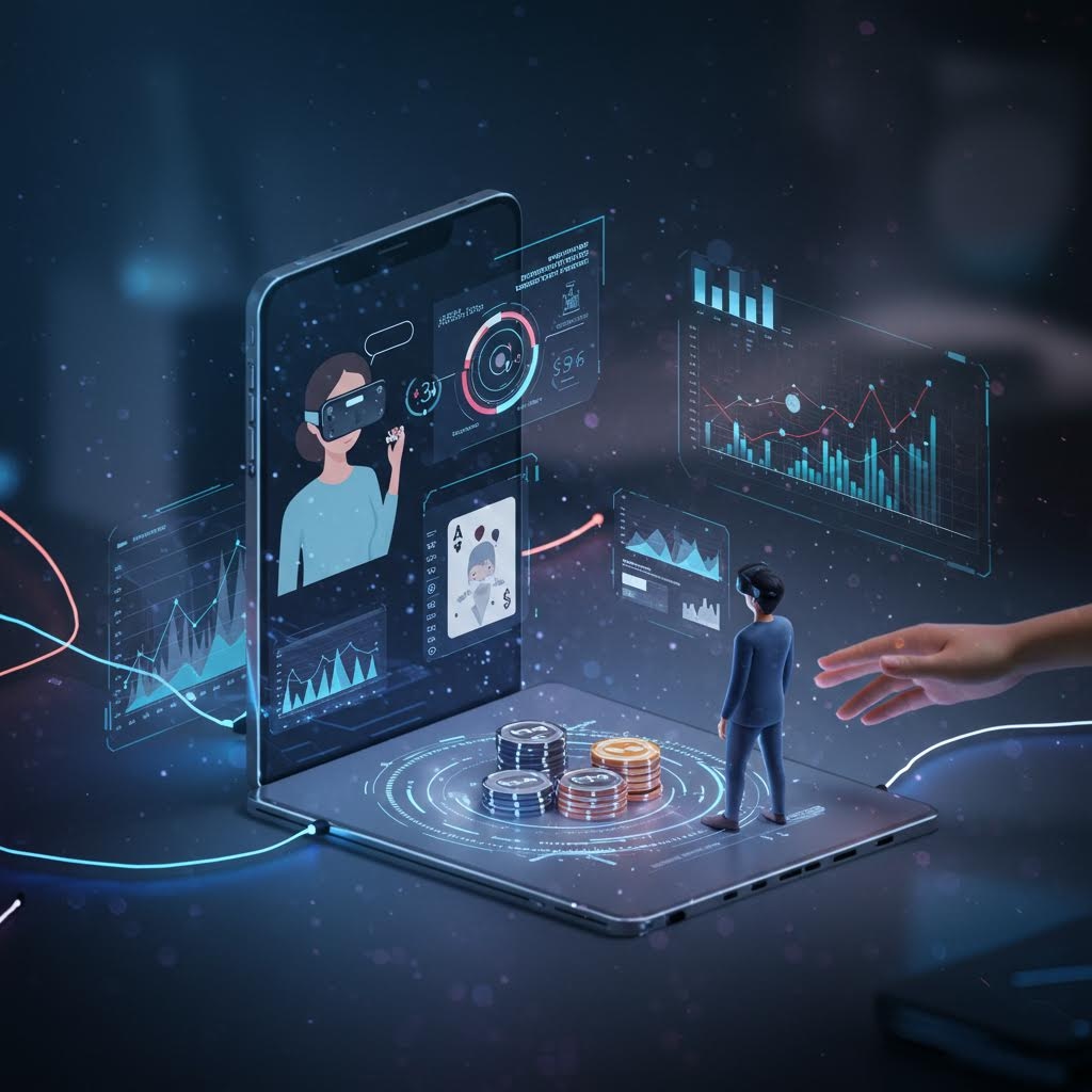 어두운 공간 속에서 접힌 디지털 기기 위로 그래프와 인터페이스가 입체적으로 떠오르며 작은 인물이 중앙에 서 있고 손이 화면 가장자리를 스치는 구성으로 가상 환경과 데이터 흐름이 동시에 전개되는 모습