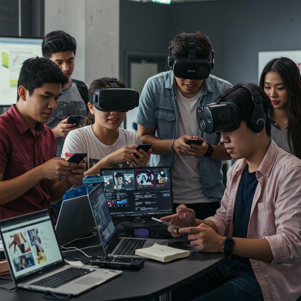여러 대의 노트북이 켜진 테이블 주변에서 참여자들이 헤드셋과 스마트폰을 동시에 활용하며 가상 환경 테스트와 콘텐츠 확인 작업을 병행하는 장면이 실험적인 분위기 속에서 전개되는 모습