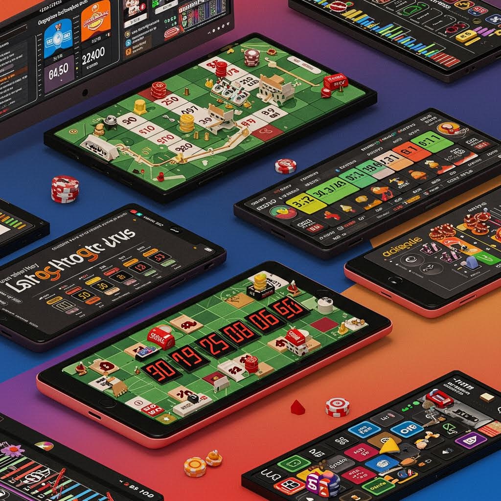 다양한 색상의 모바일 기기 화면 위에 보드 형식의 미니어처 오브젝트와 숫자 패널, 아이콘들이 촘촘히 배치되며 여러 형태의 인터페이스가 한 공간에 펼쳐져 시각적 요소들이 복합적으로 어우러진 구성